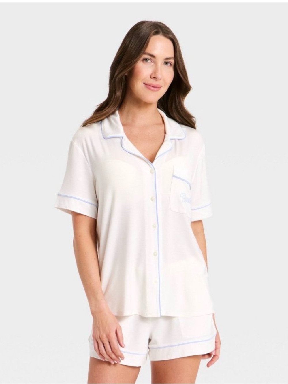 Women's White Short Sleeve Pajama Set with Light Pink Piping
